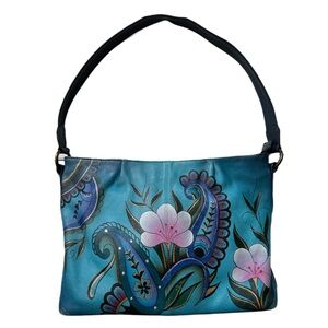 Anna Anuschka Denim Paisley Floral Leather Hobo Bag Purse Handbag Peacock Blue